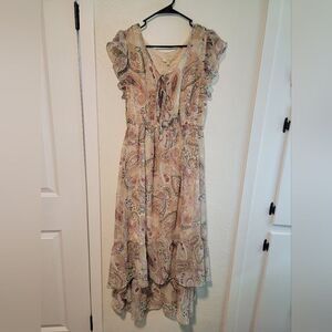 Kori Paisley Print Chiffon Ruffle Maxi Boho Cap Sleeve Dress Medium